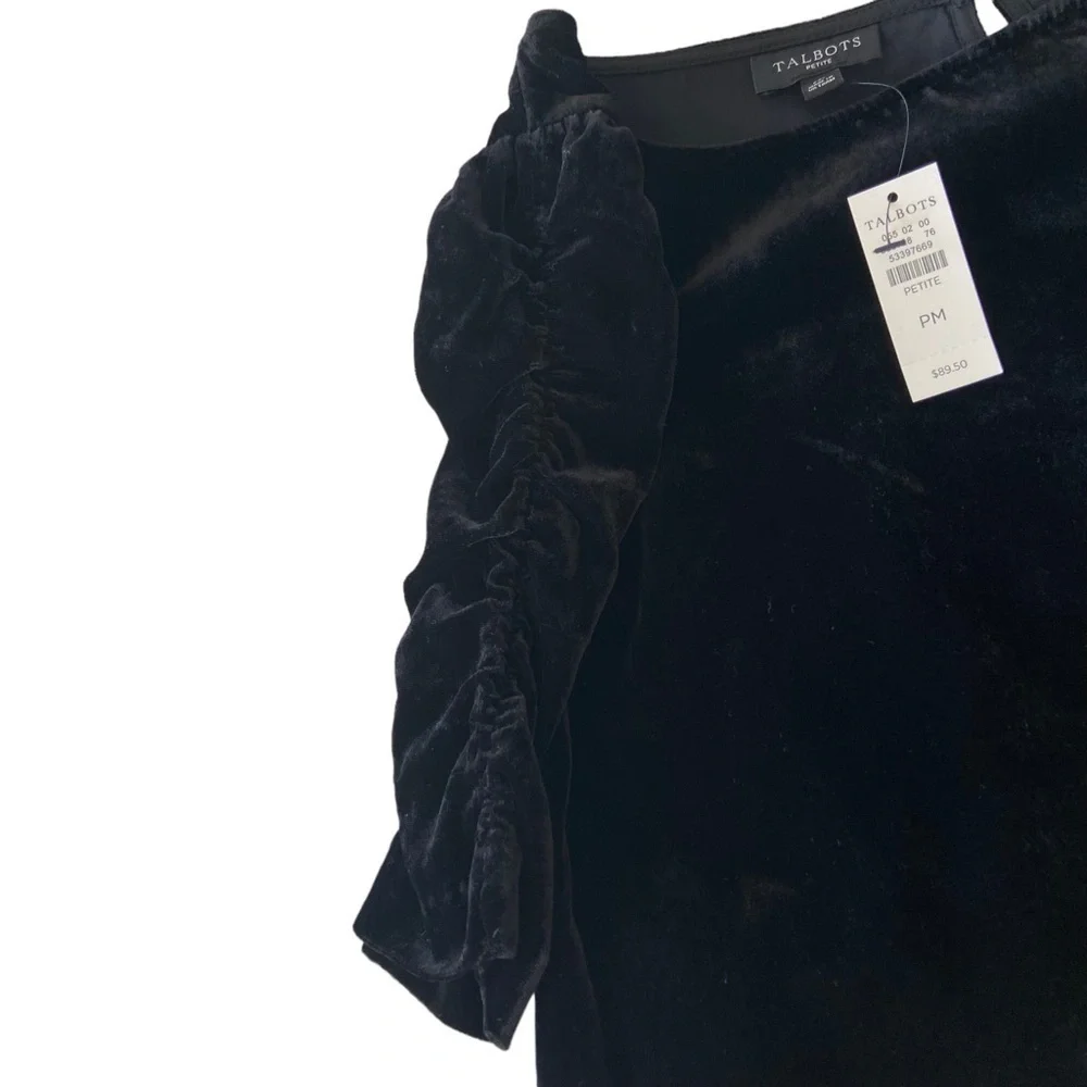 Talbots Women's Black Velour Blouse Top Ruched Short Sleeves Button Back PM NWT - Picture 7 of 14